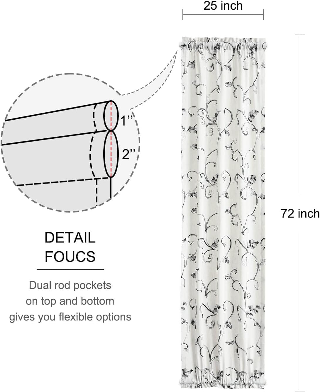 VOGOL Embroidered Door Curtain Panels Grey Vines Pattern 25x72 Inches