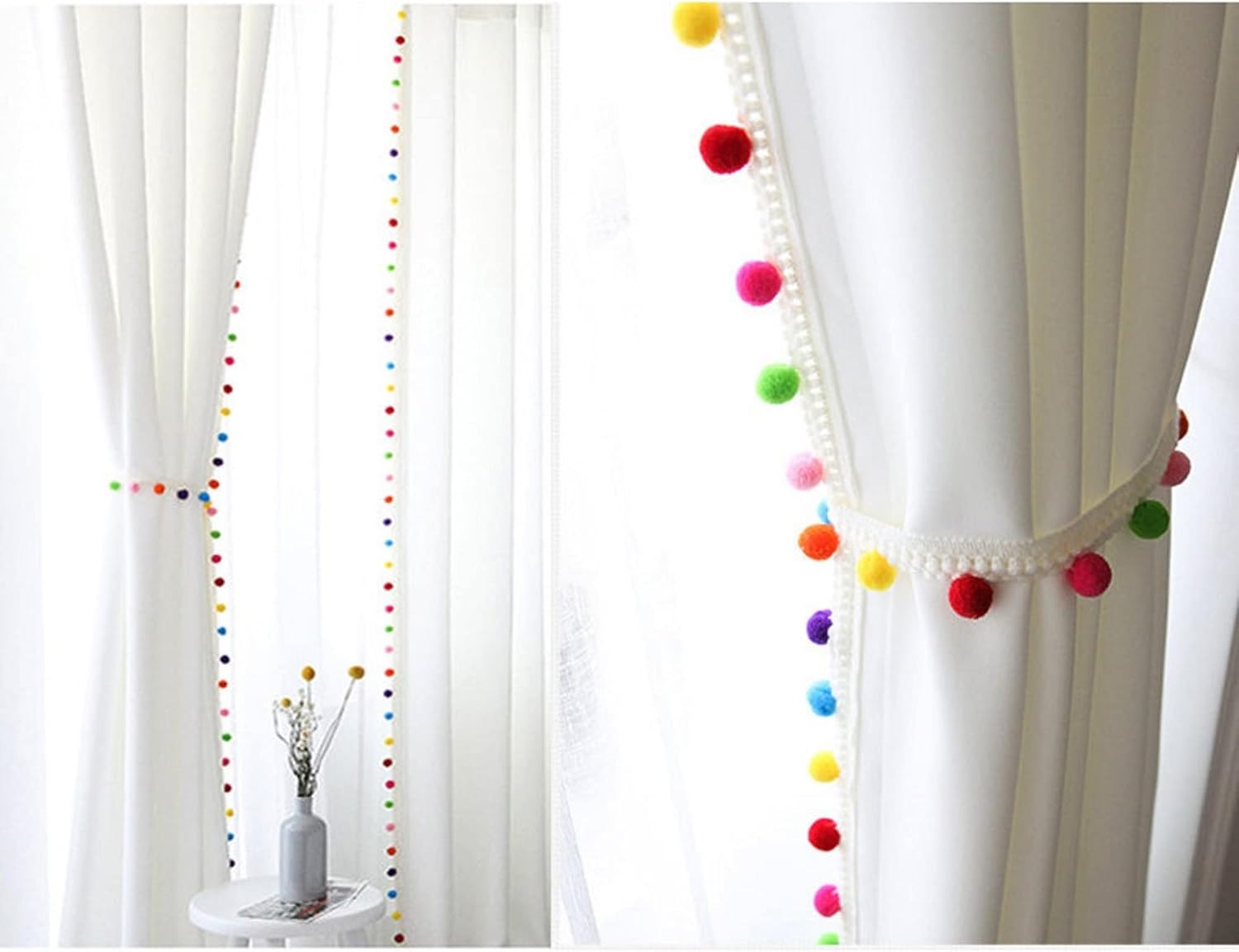 INDACORIFY White Cotton Curtains with Pom Pom Tassels Set of 2