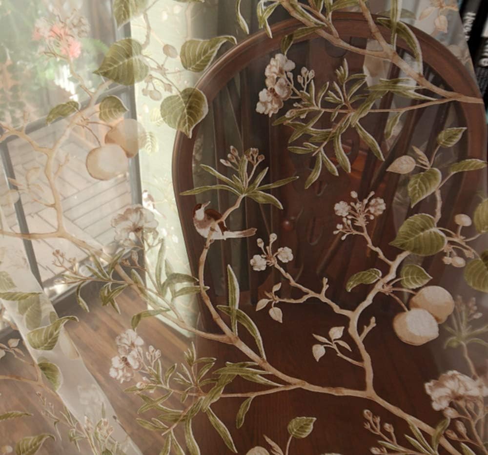 PureAqu Rod Pocket Sheer Curtain Panel Floral Birds Design 52x84 inch