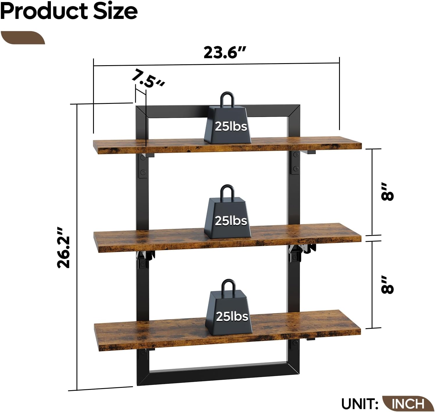 Bestier Floating Wall Shelves 3 Tier Foldable Industrial Brown