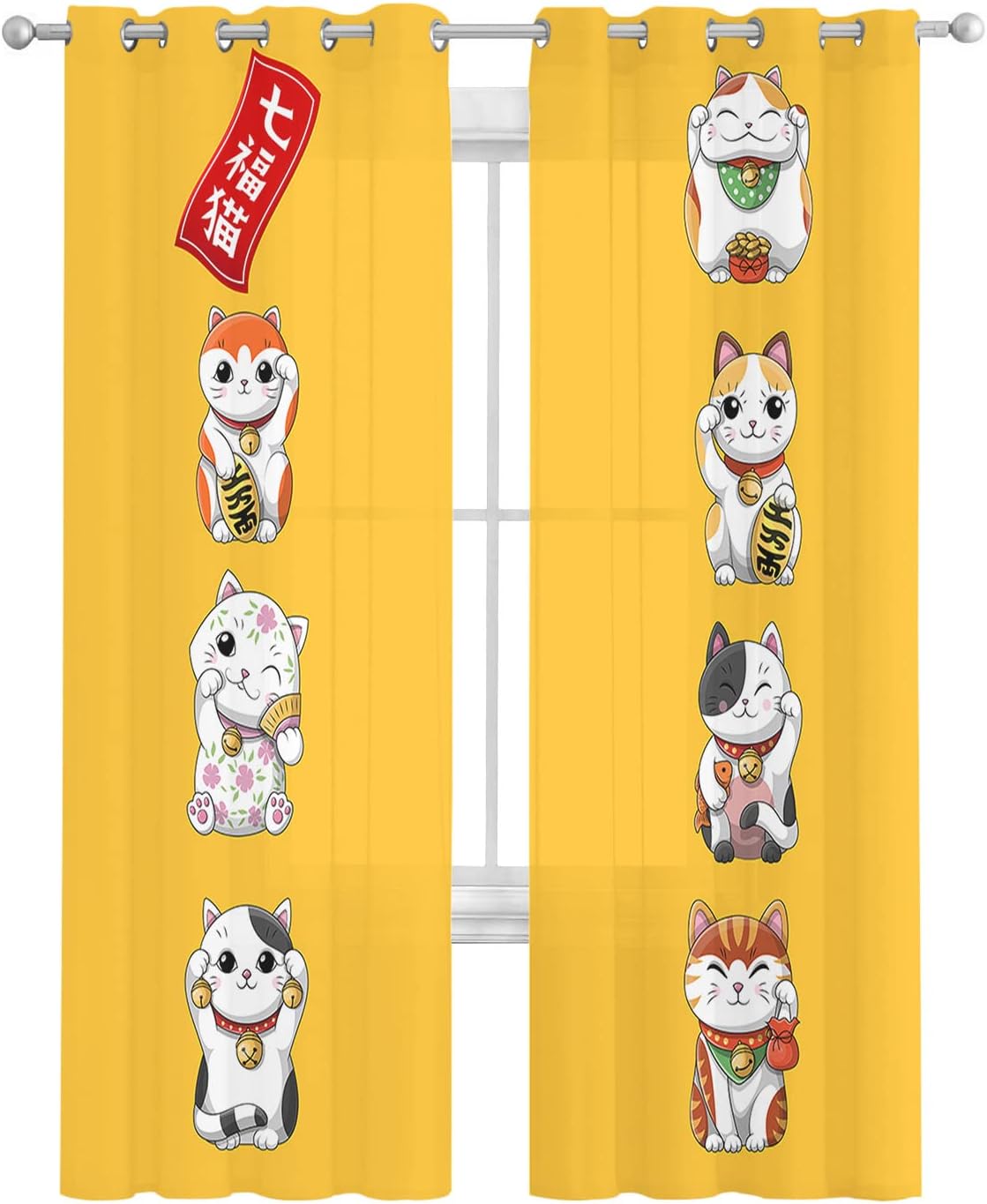Falaniique Lucky-Cats Sheer Curtains 84 Inch Length 2 Panels Set
