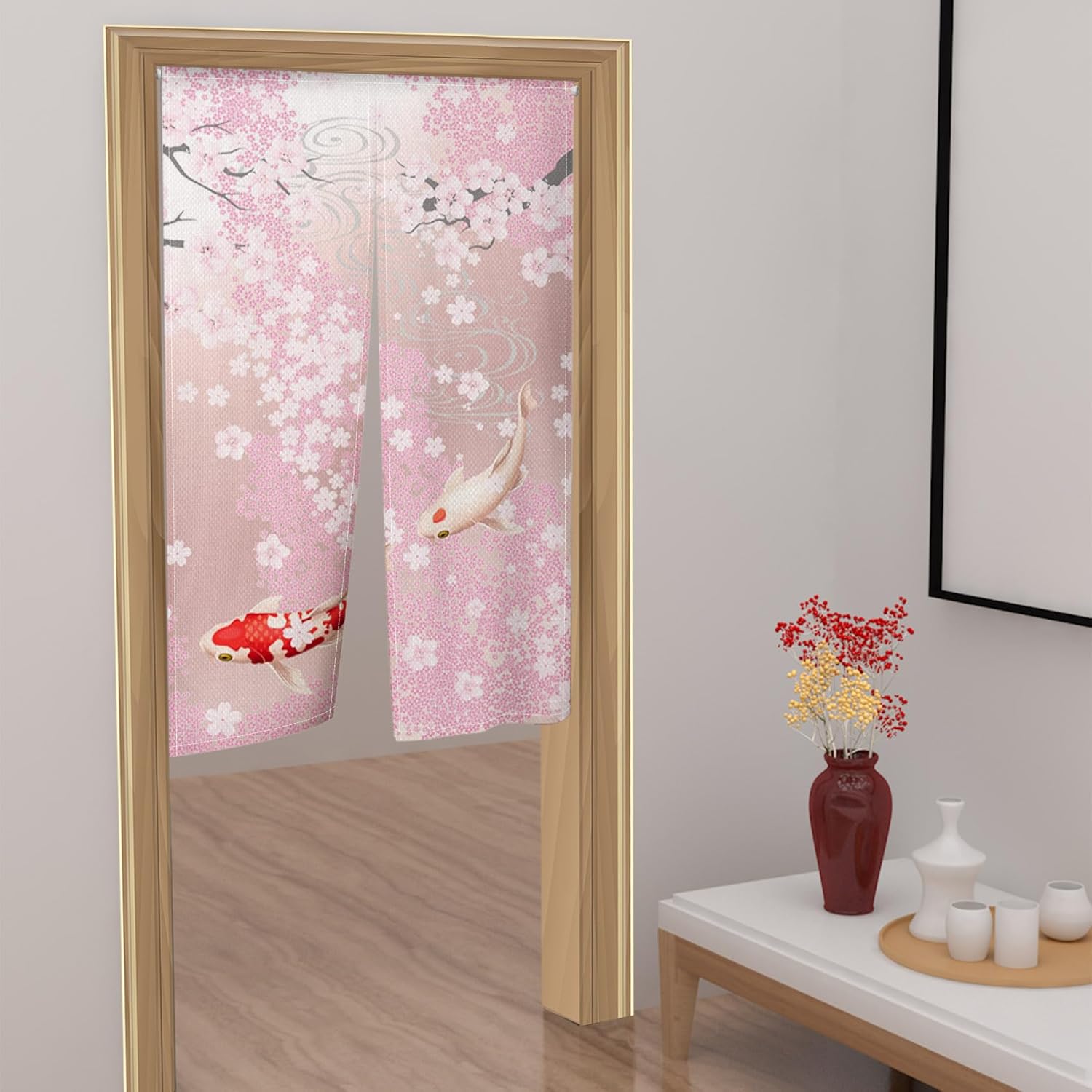 Japanese Pink Cherry Blossom Koi Noren Curtain 335x709