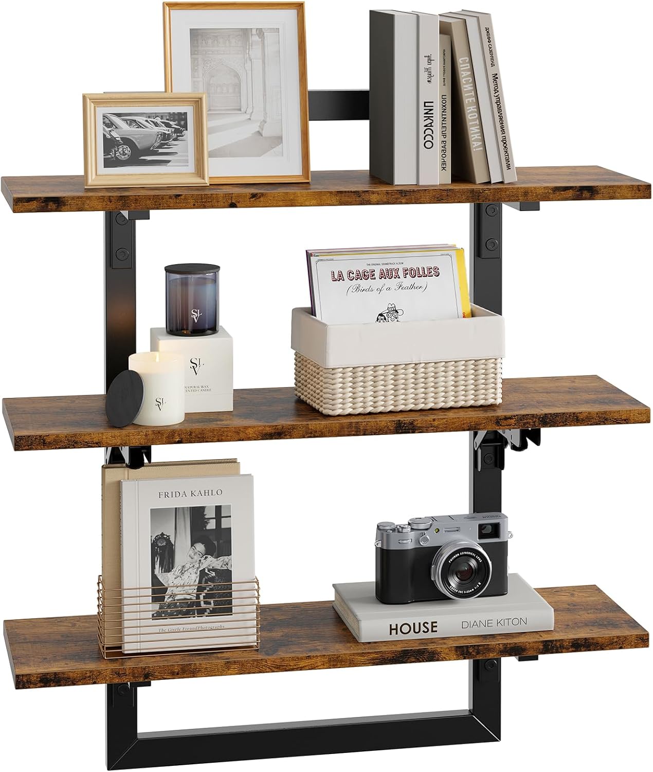 Bestier Floating Wall Shelves 3 Tier Foldable Industrial Brown