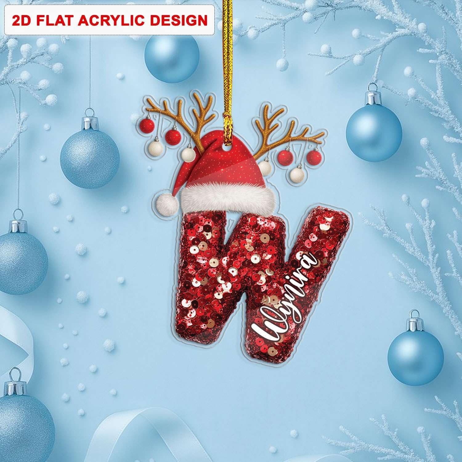Personalized W Acrylic Ornament with Santa Hat Design