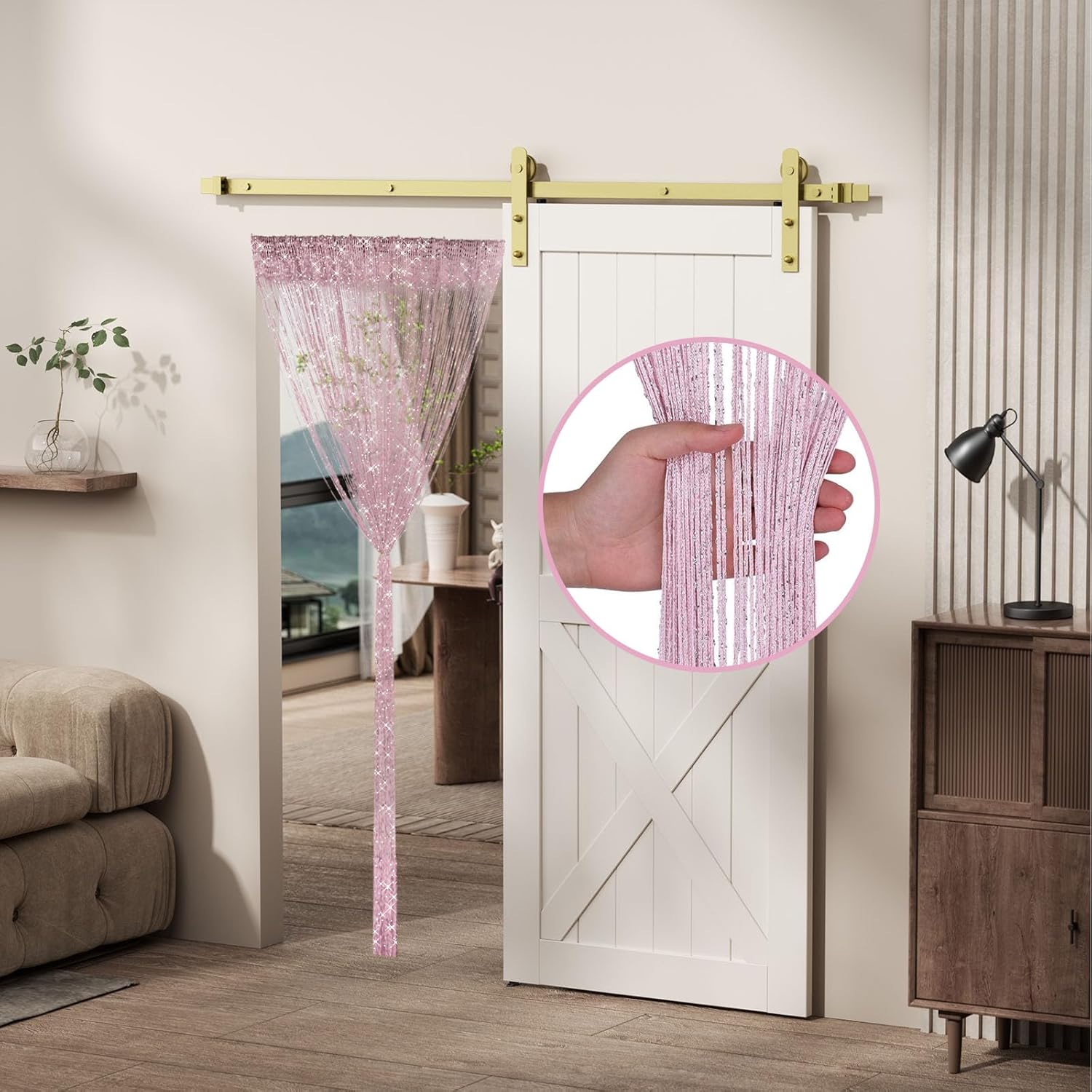 2 Pieces Pink Glitter String Curtains for Doorway and Room