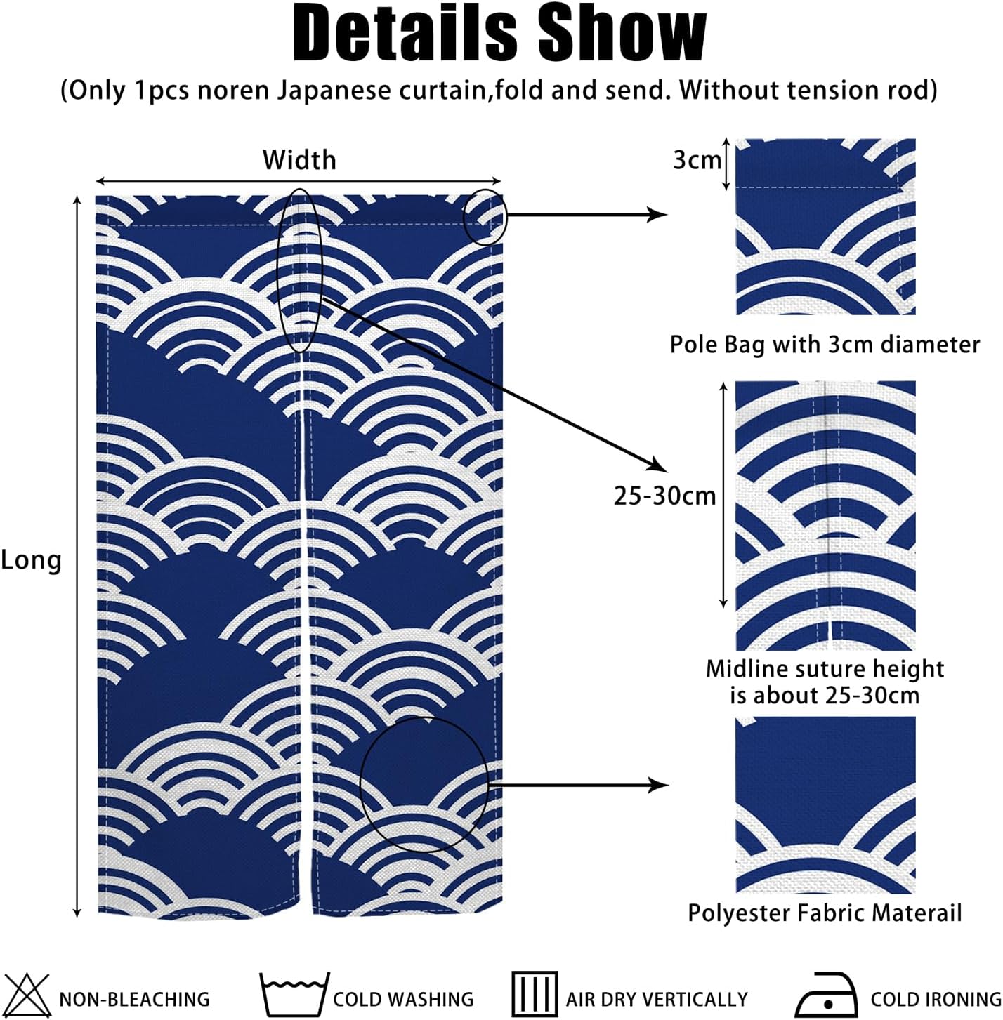 Japanese Modern Noren Door Curtain Wave Pattern Blue 335x709