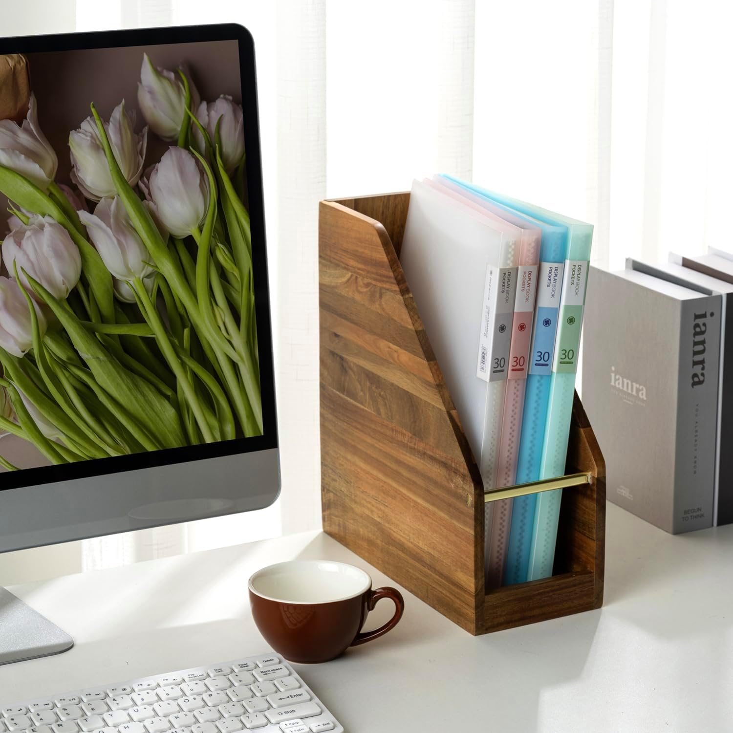 MyGift Premium Hotel Series Acacia Wood Magazine Holder with Brass Tone Metal Accent