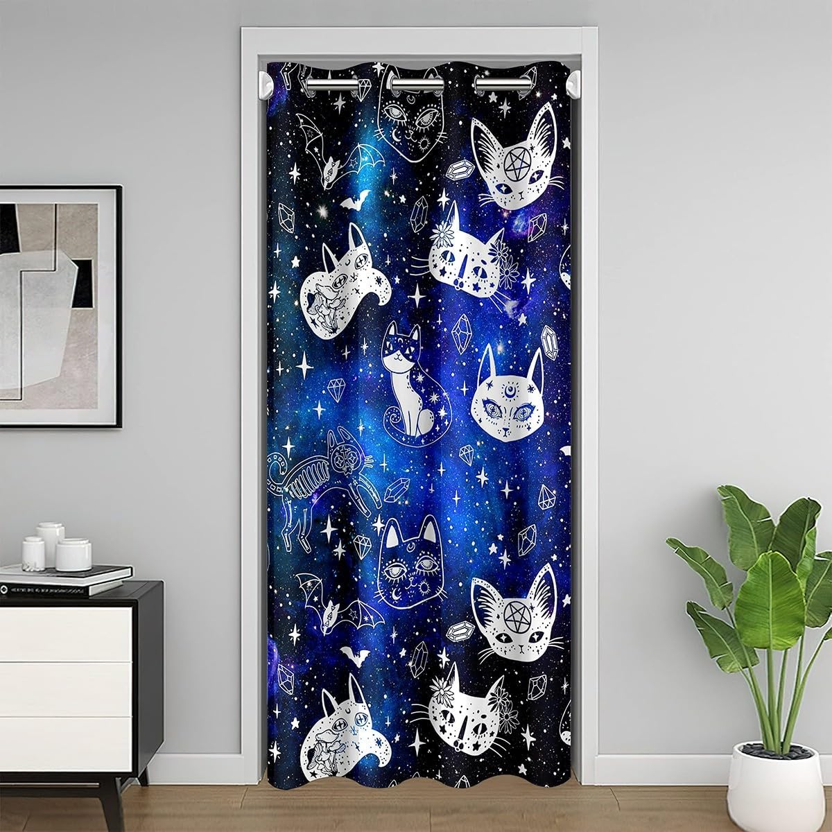 Gothic Cat Skull Door Curtain 34x80 Blue Galaxy Starry