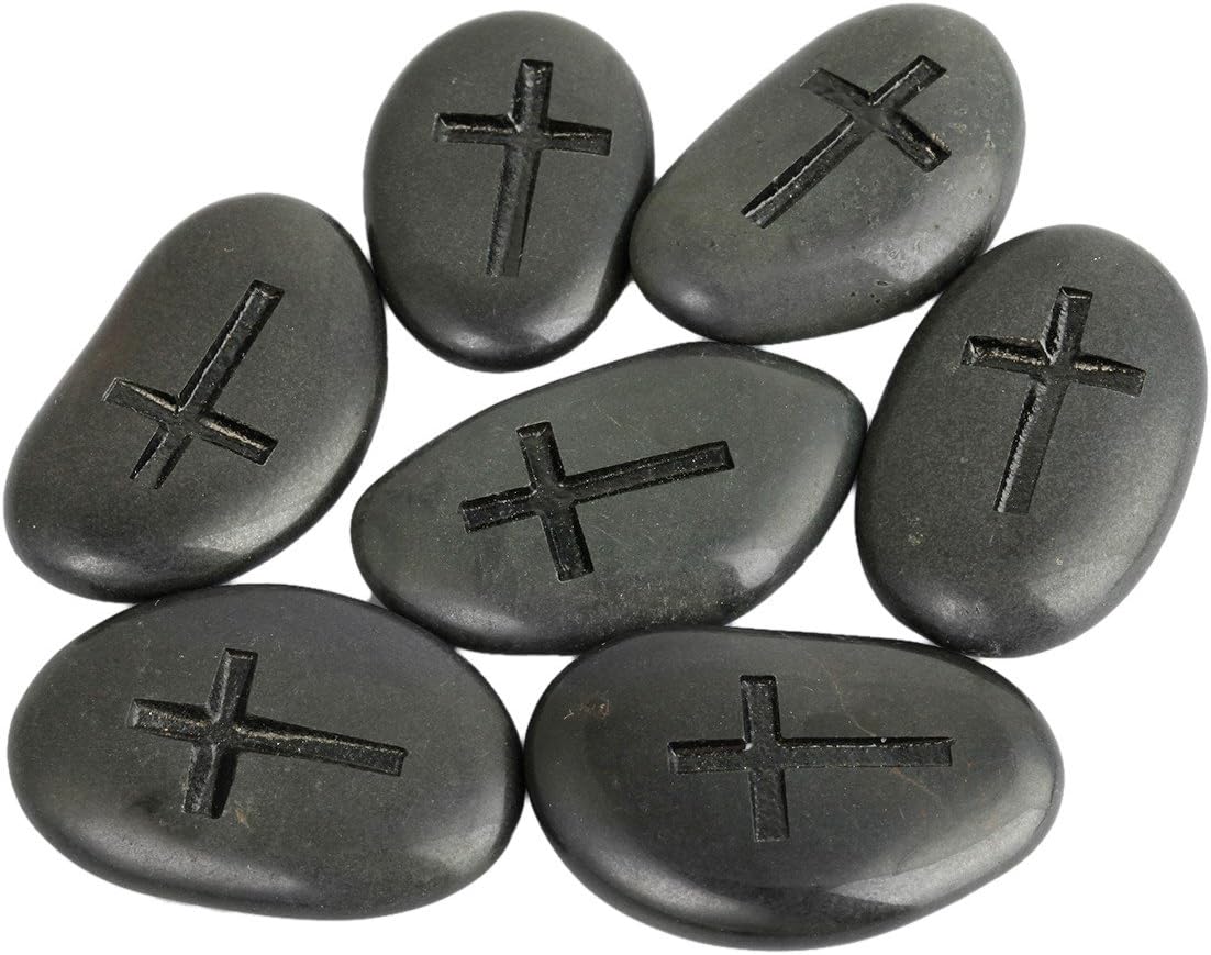 Rockcloud 4 Pack Black Engraved Stones with Cross Design