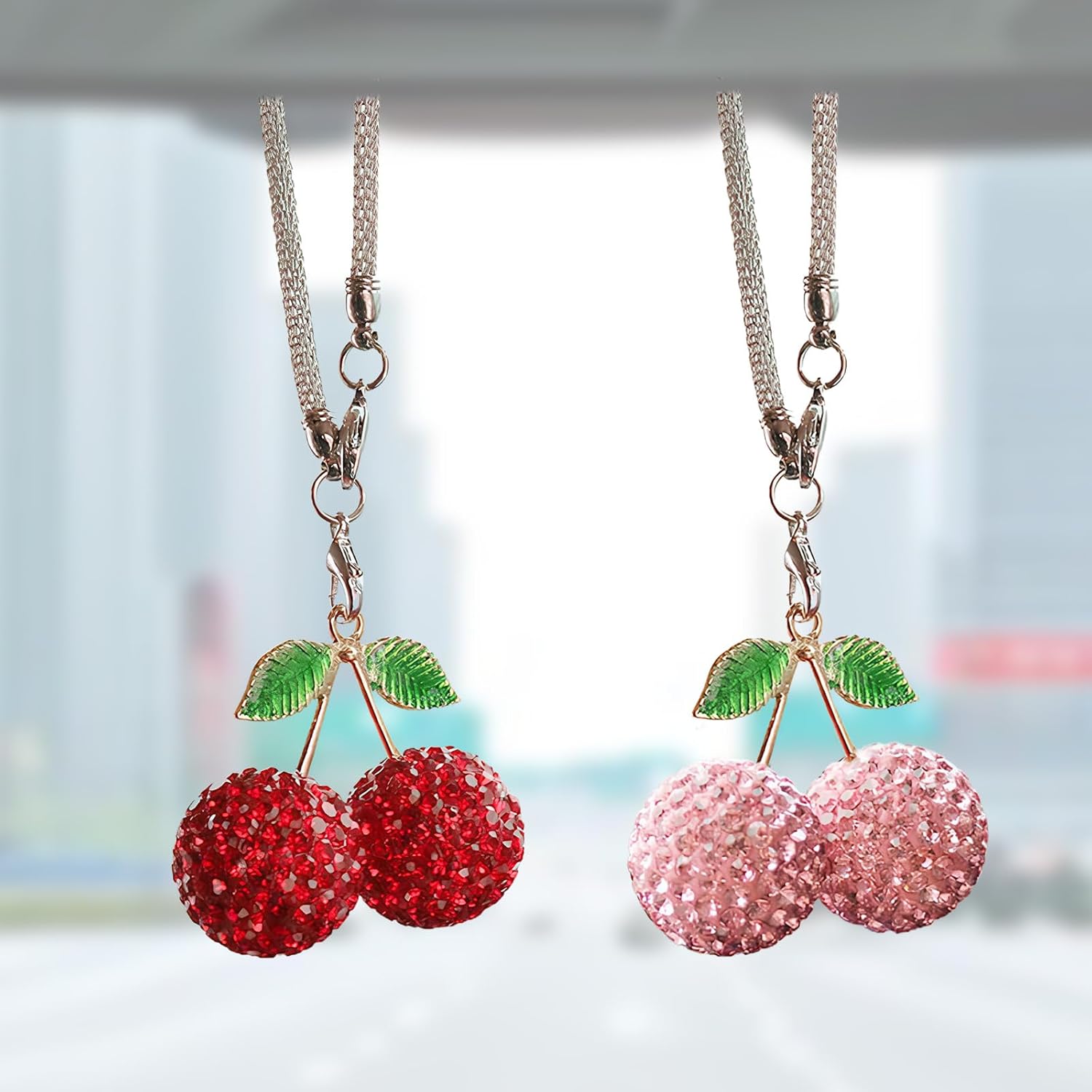 2PCS Bling Cherry Car Mirror Decor