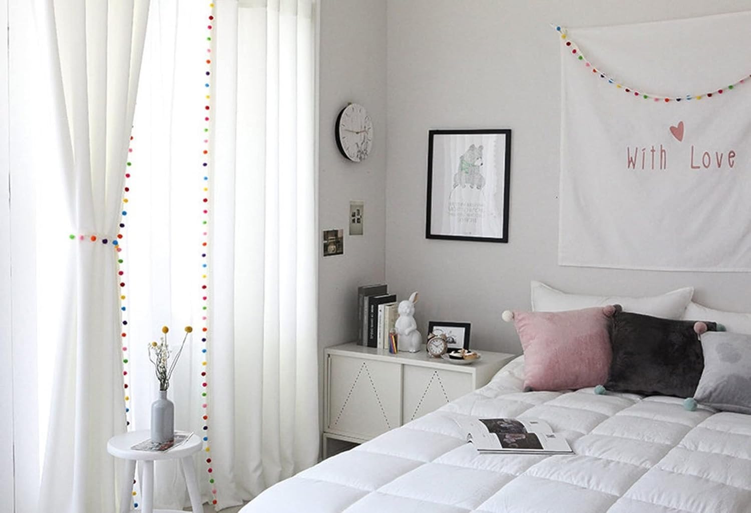 INDACORIFY White Cotton Curtains with Pom Pom Tassels Set of 2