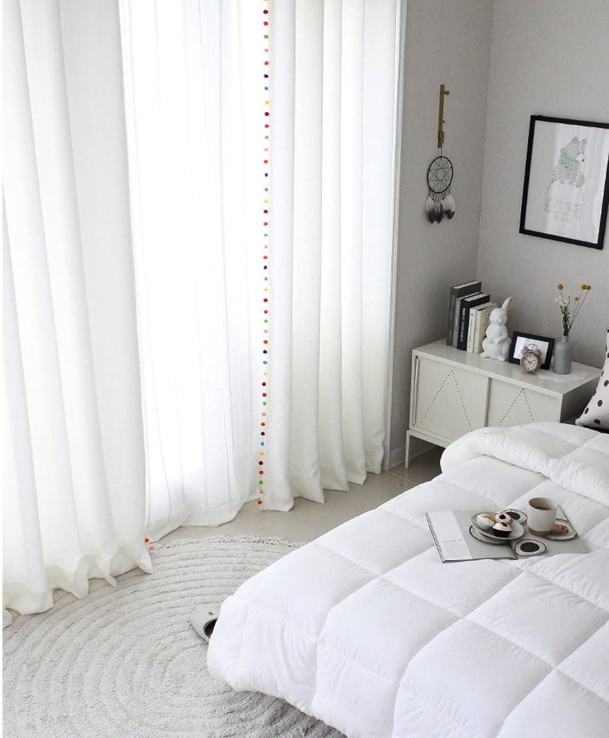 INDACORIFY White Cotton Curtains with Pom Pom Tassels Set of 2