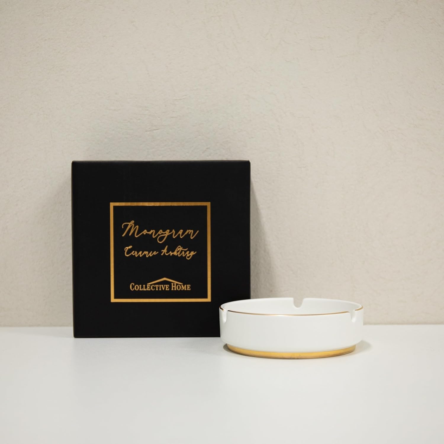 Luxurious Ceramic Ashtray with Gold Edging and Embossed Lettering
