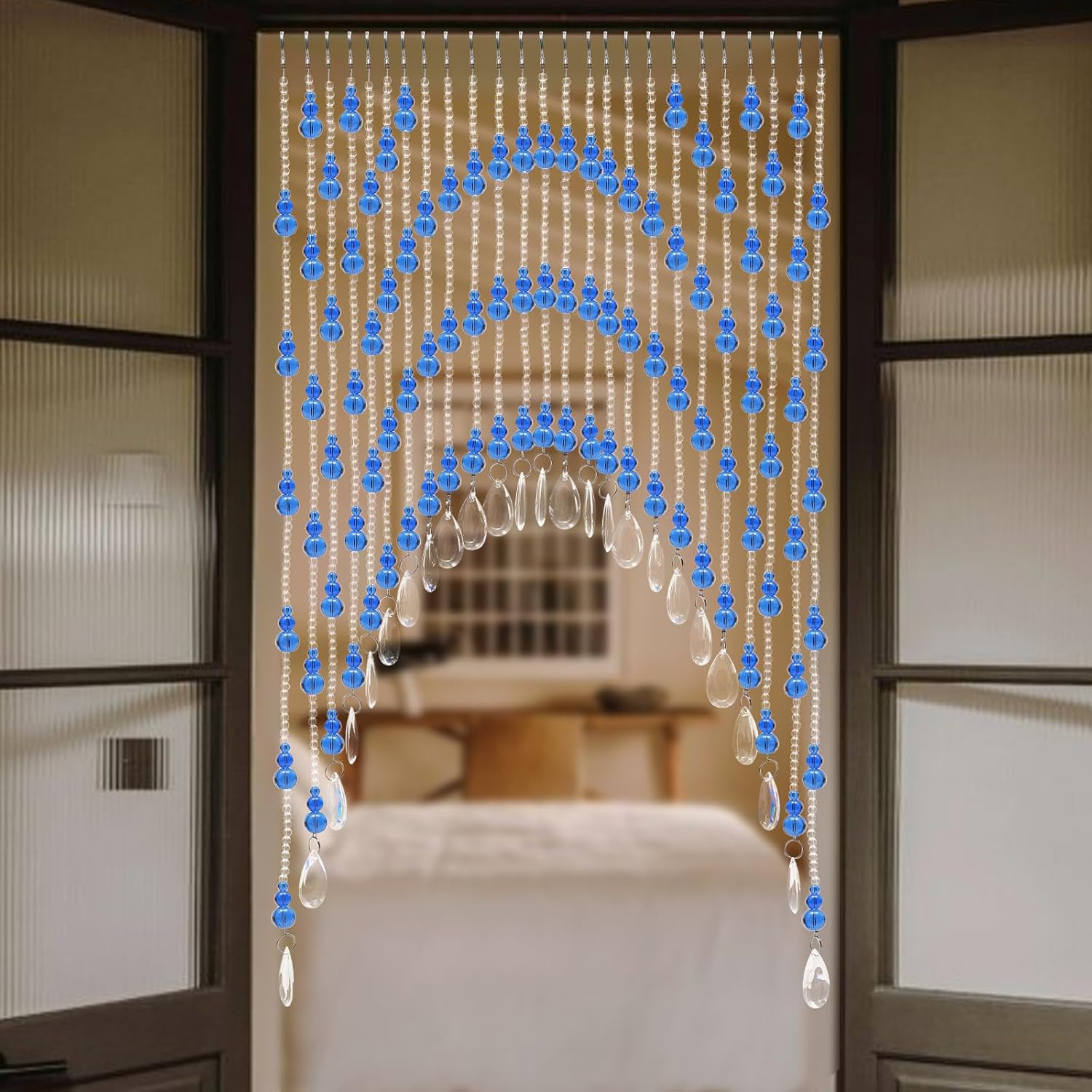 Blue Crystal Beaded Curtain with Adjustable Width