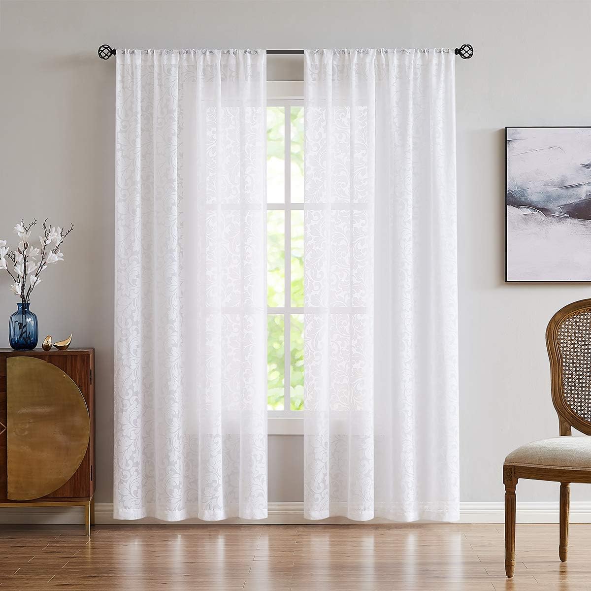 White Sheer Window Curtain Panels Set for Living Room 54x84x2