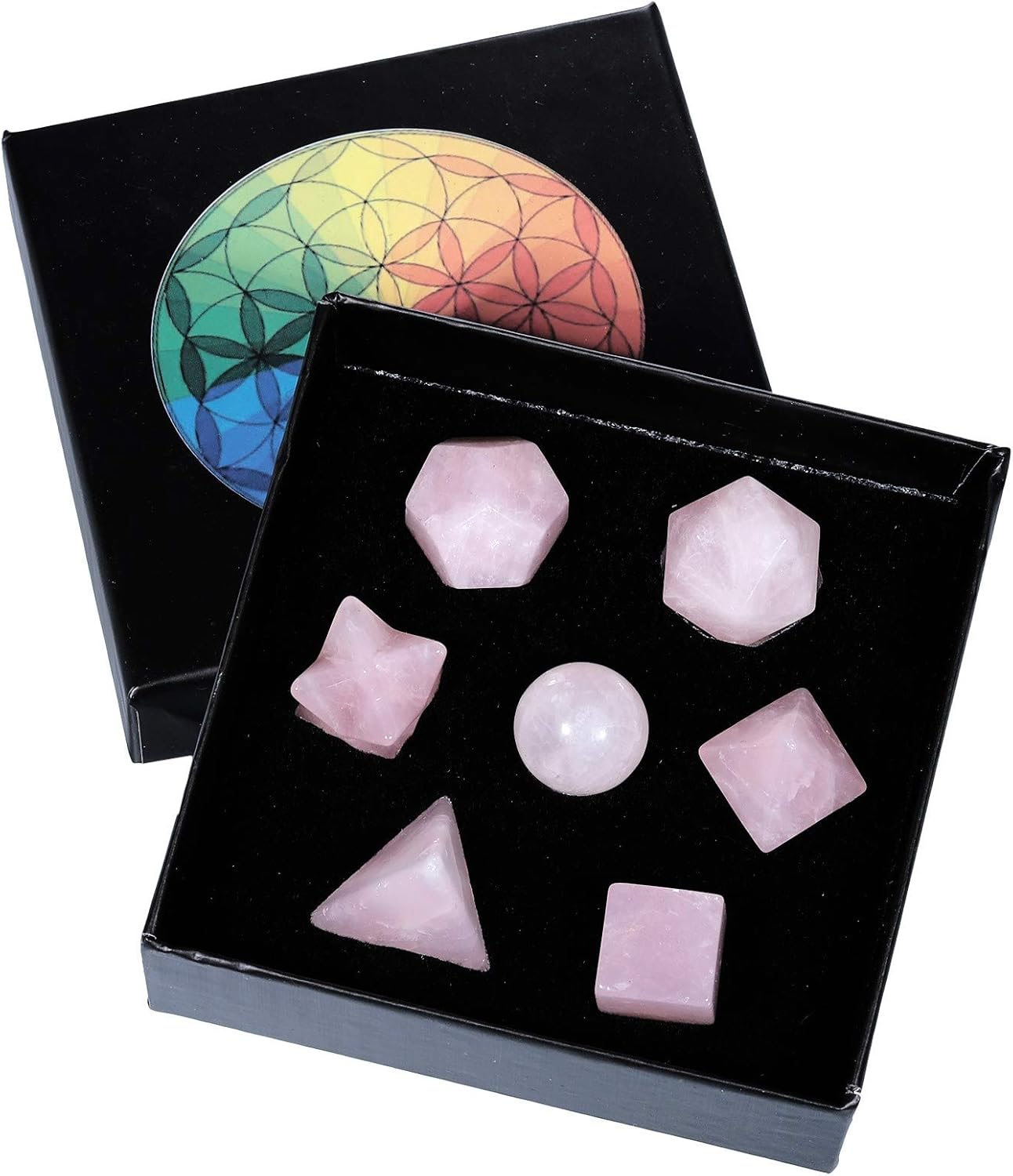 Amogeeli Platonic Solids Sacred Geometry Set with Merkaba Star and Rose Quartz