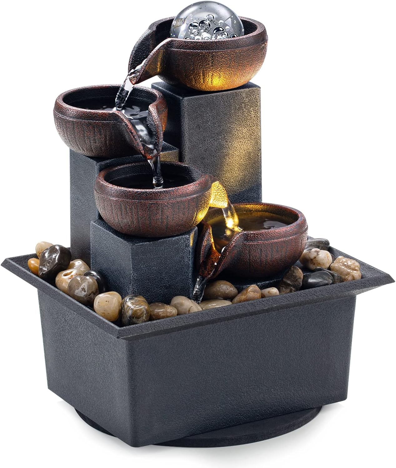 AMOOTEK Tabletop Fountain 4 Level Waterfall with LED Lights and Natural River Rocks
