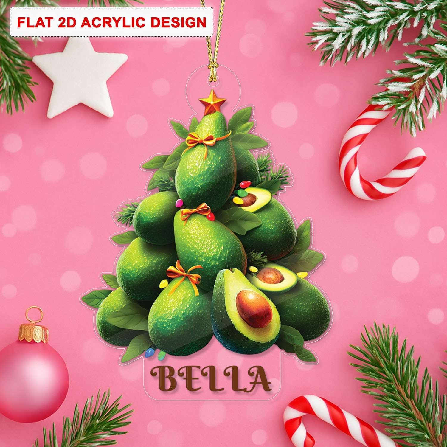 2D Avocado Christmas Tree Ornament Custom Name