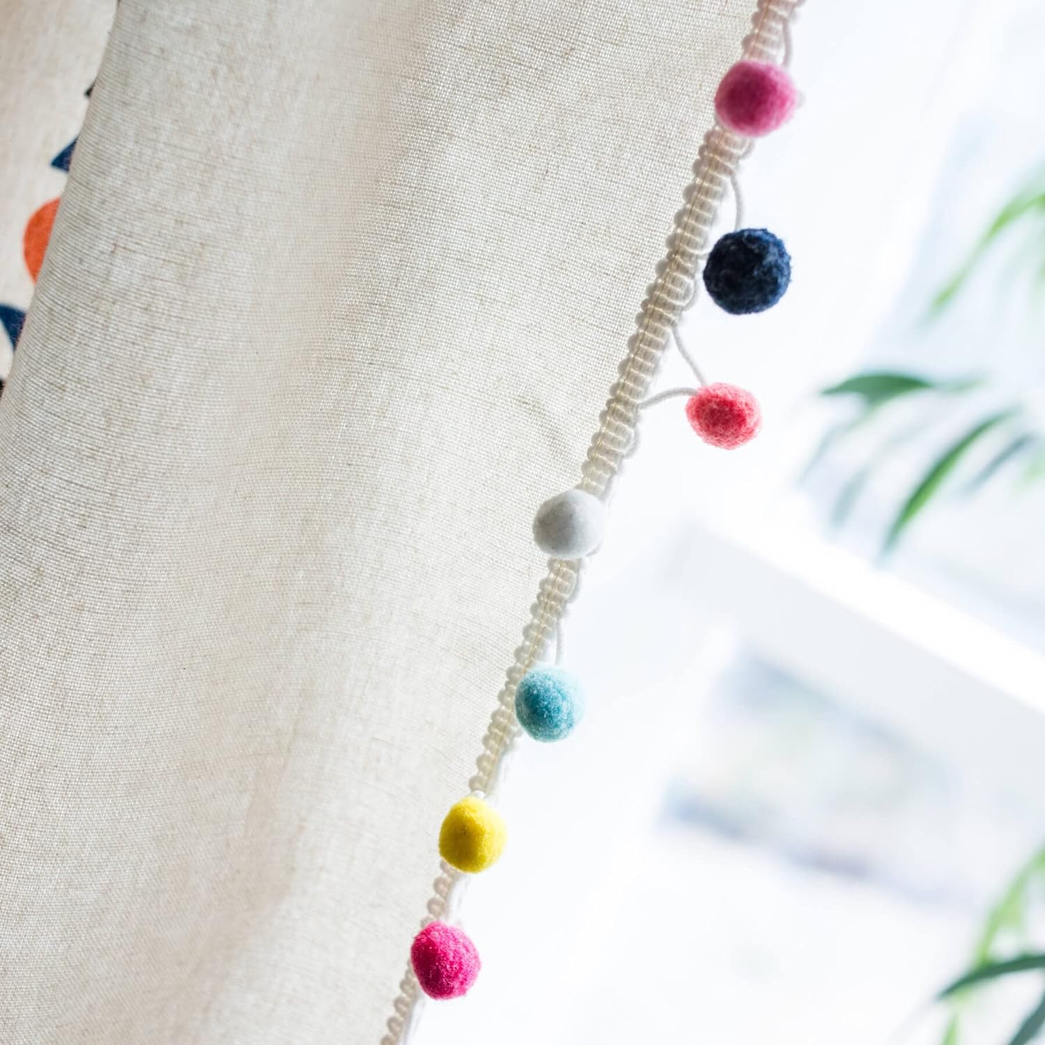 VOGOL Cotton Linen Pom Pom Tasseled Curtains 59x79 Inches