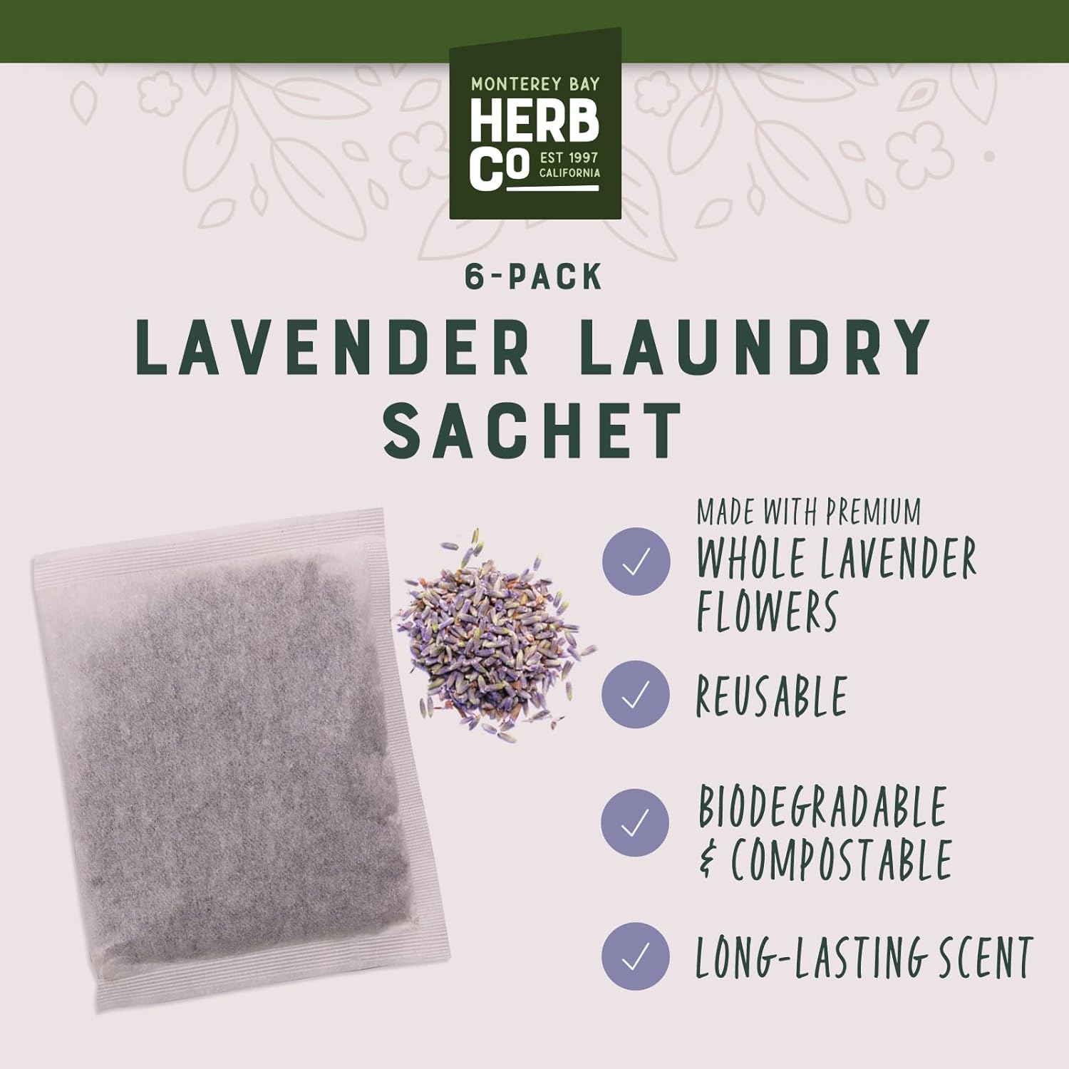 Monterey Bay Herb Co Lavender Sachets for Laundry Pack of 6