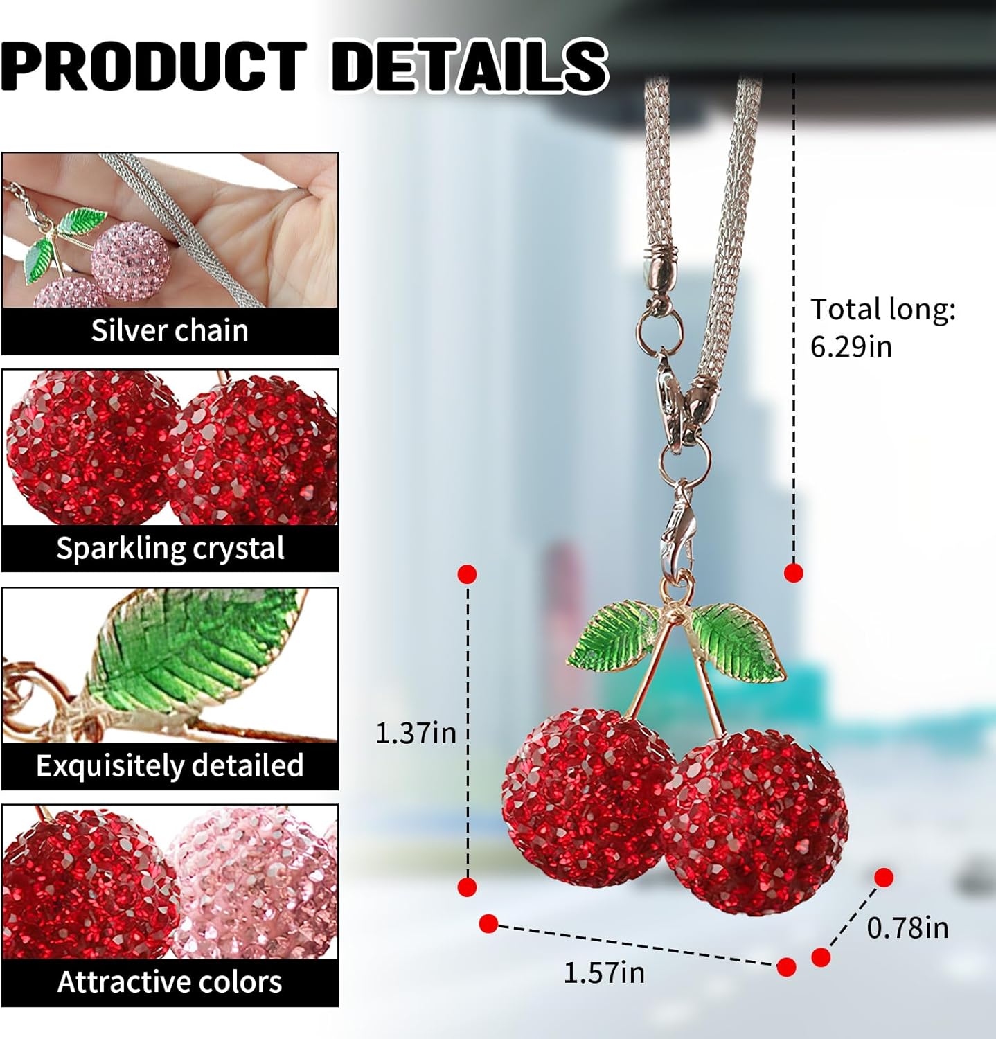 2PCS Bling Cherry Car Mirror Decor
