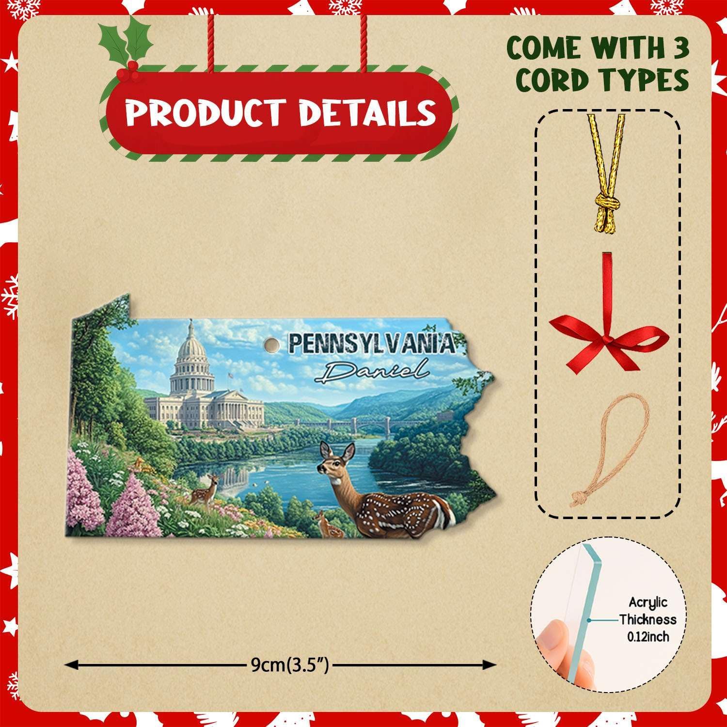 Custom Name Pennsylvania Christmas Tree Ornament