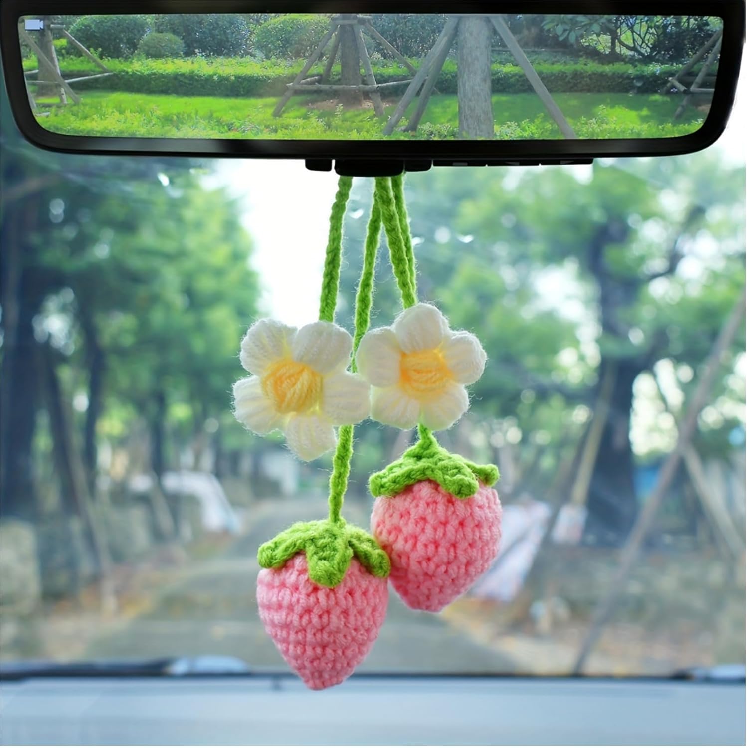 LB 2PCS Crochet Strawberry Flower Car Hanging Ornament