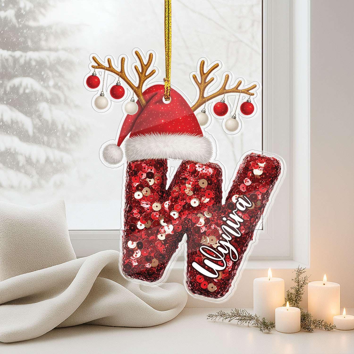 Personalized W Acrylic Ornament with Santa Hat Design