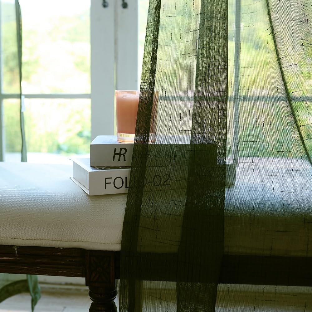 Olive Green Sheer Curtains 84 Inches 2 Panels