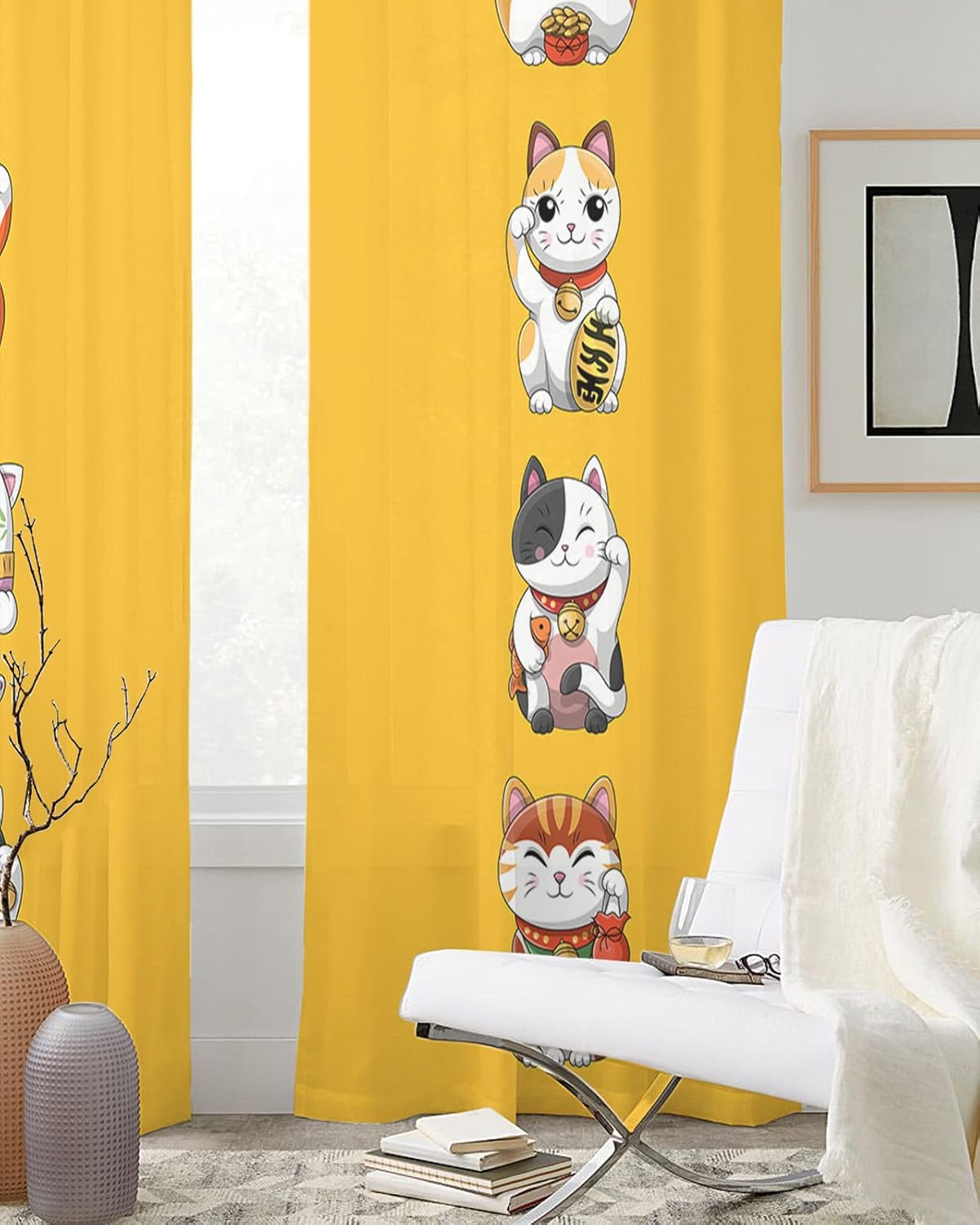 Falaniique Lucky-Cats Sheer Curtains 84 Inch Length 2 Panels Set