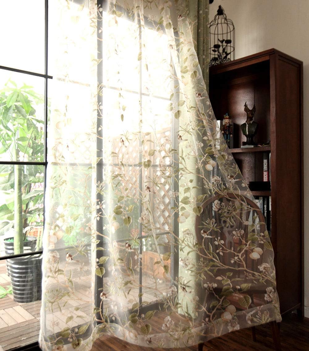 PureAqu Rod Pocket Sheer Curtain Panel Floral Birds Design 52x84 inch