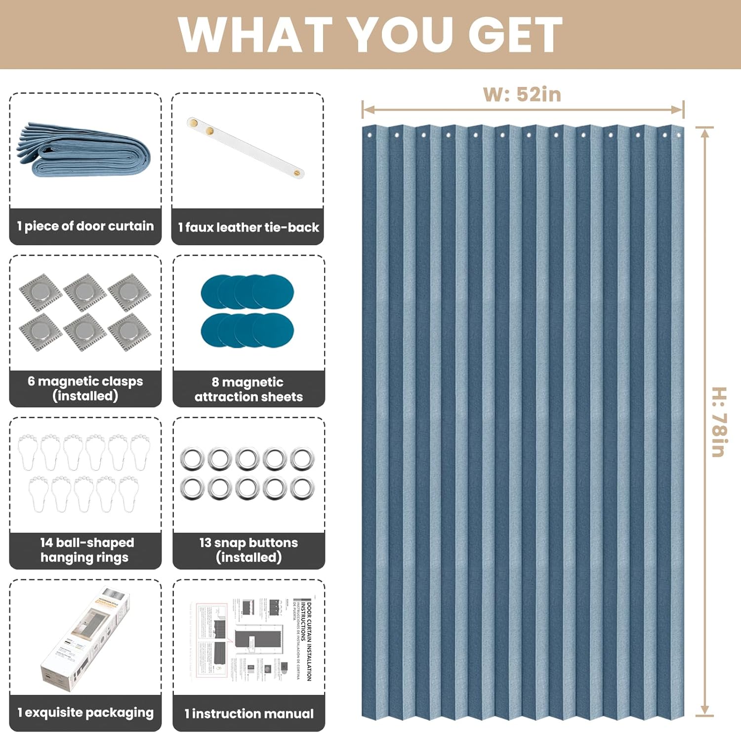 Jilron Blackout Door Curtain Linen Style Panel Magnetic Closure