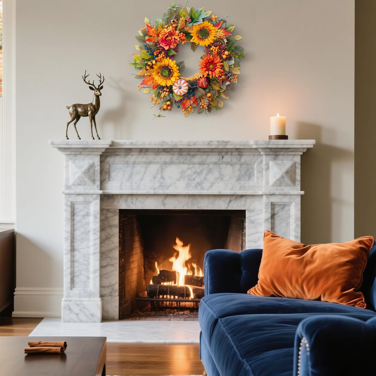 24 Inch Fall Wreath with Pumpkins and Maple Leaves