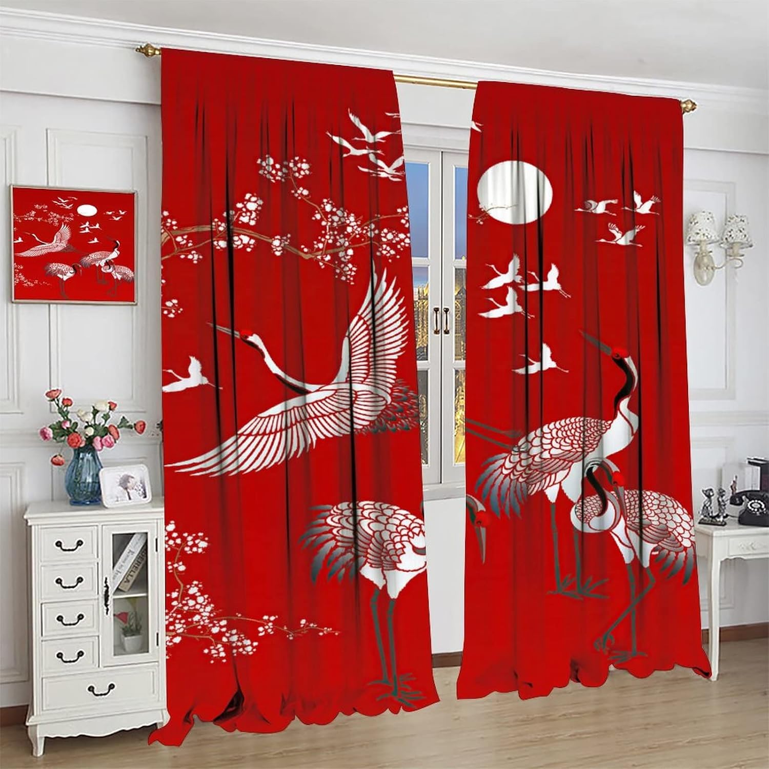 Japanese Style Blackout Curtains with Crane Print