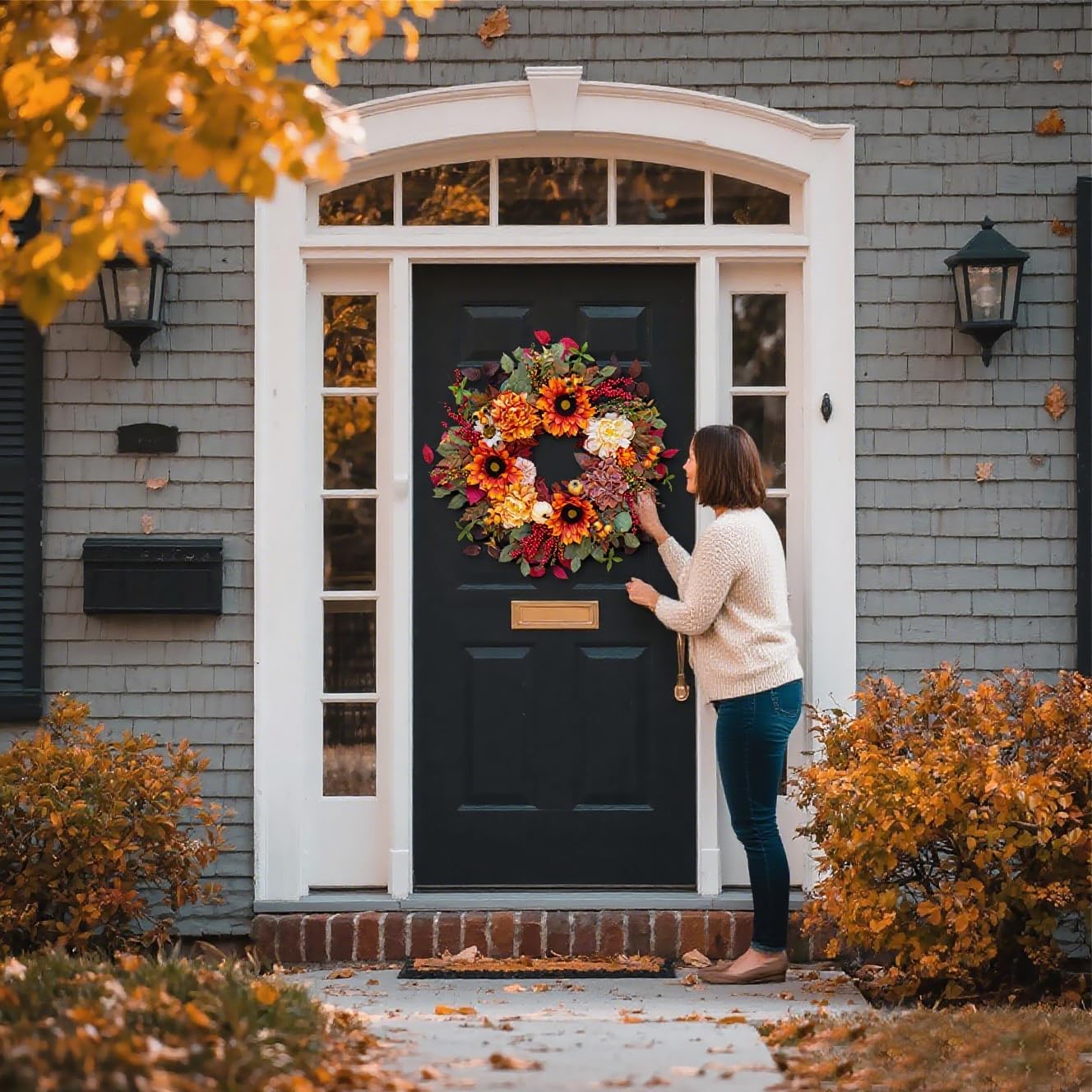 24 Inch Fall Door Wreath with Sunflowers Peonies White Pumpkins Eucalyptus Berries