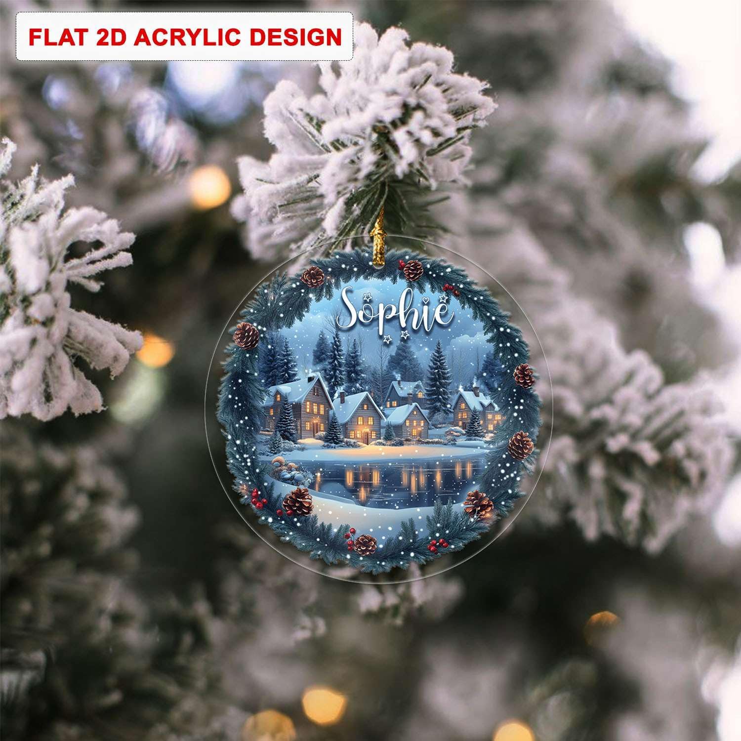 Custom Name Winter Village Scene Acrylic Ornament