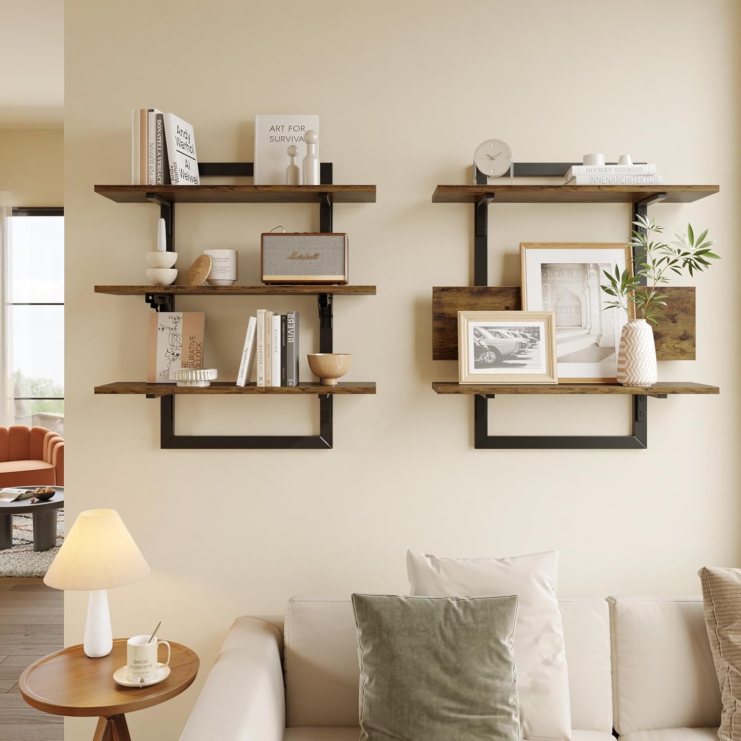 Bestier Floating Wall Shelves 3 Tier Foldable Industrial Brown