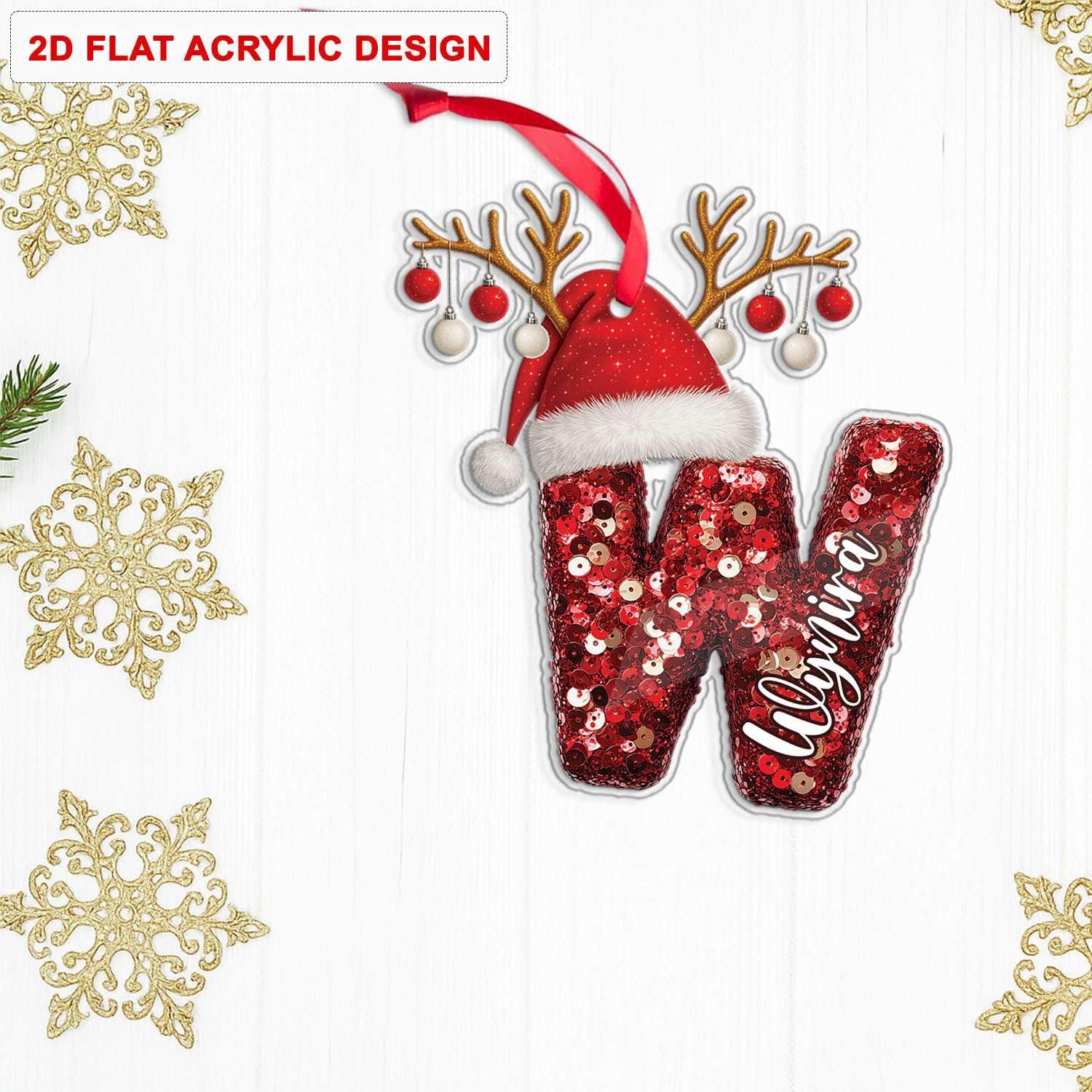 Personalized W Acrylic Ornament with Santa Hat Design