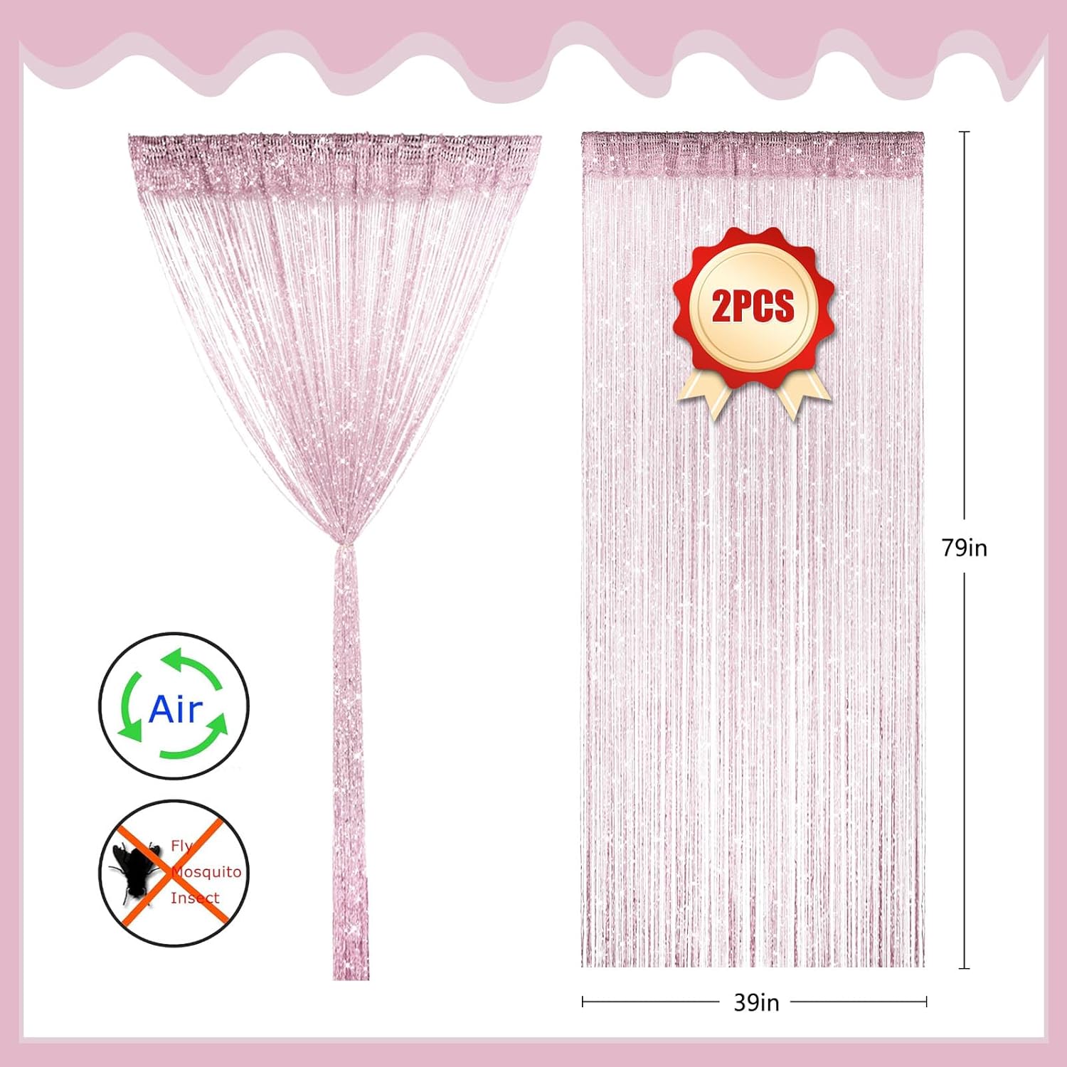 2 Pieces Pink Glitter String Curtains for Doorway and Room