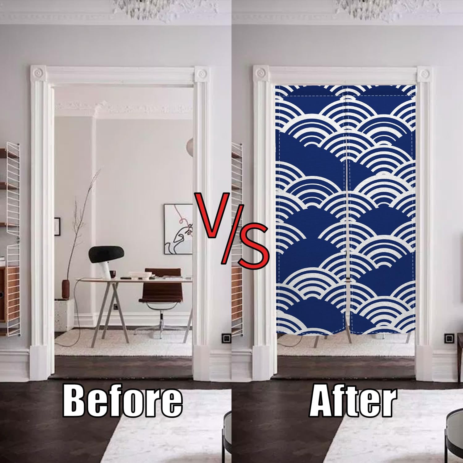 Japanese Modern Noren Door Curtain Wave Pattern Blue 335x709