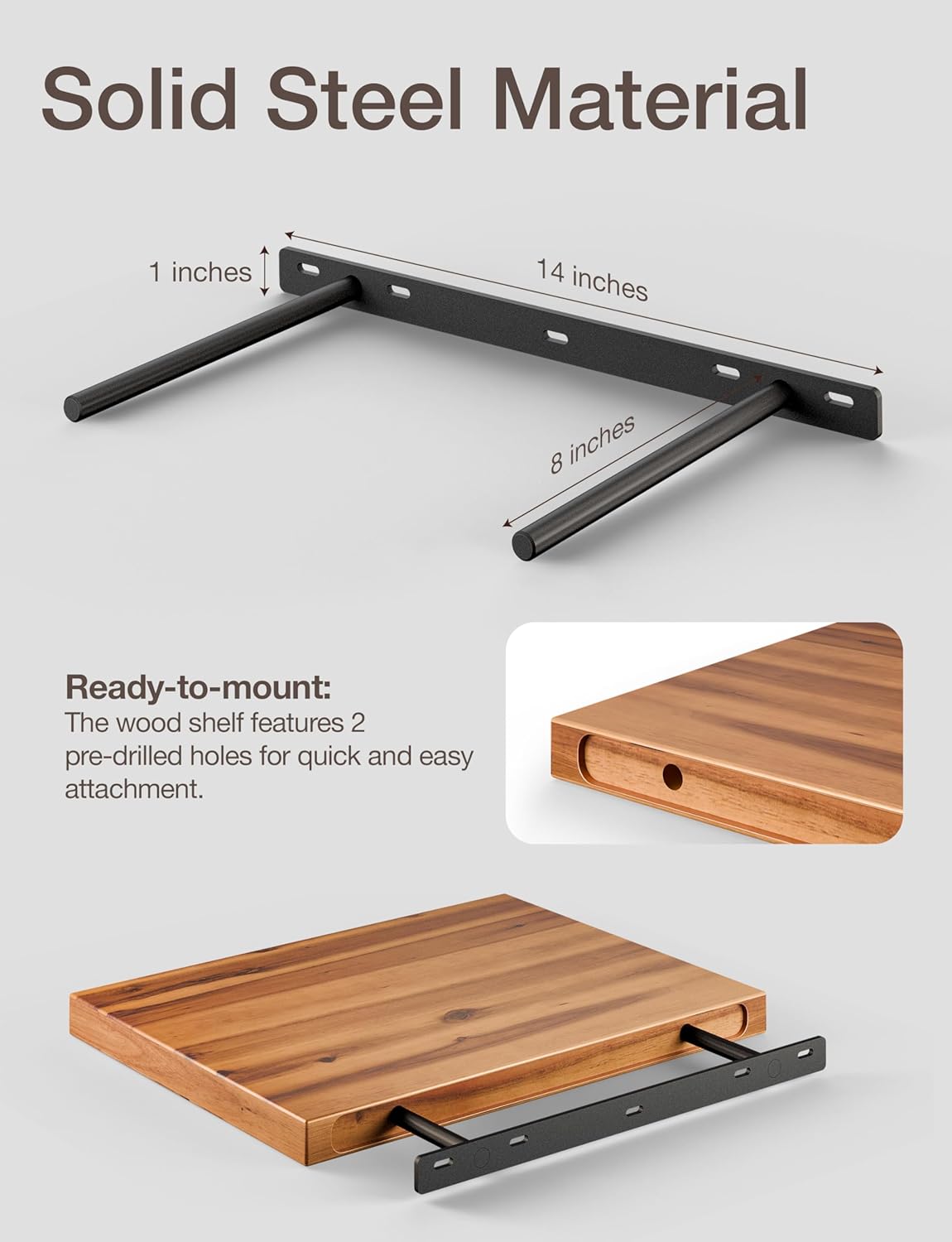 BATODA 16x12 Acacia Wood Floating Shelf Wall Mount
