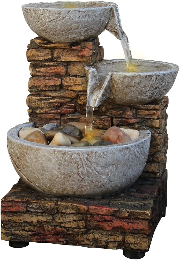 Natures Mark 6 Inch Cascading Bowl and Brick LED Fountain with Adapter