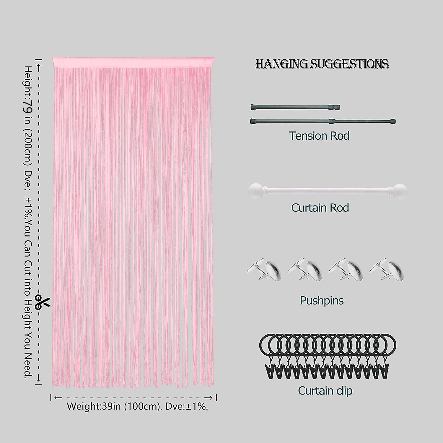Beaded Curtain Pink 100x200cm for Door Decor