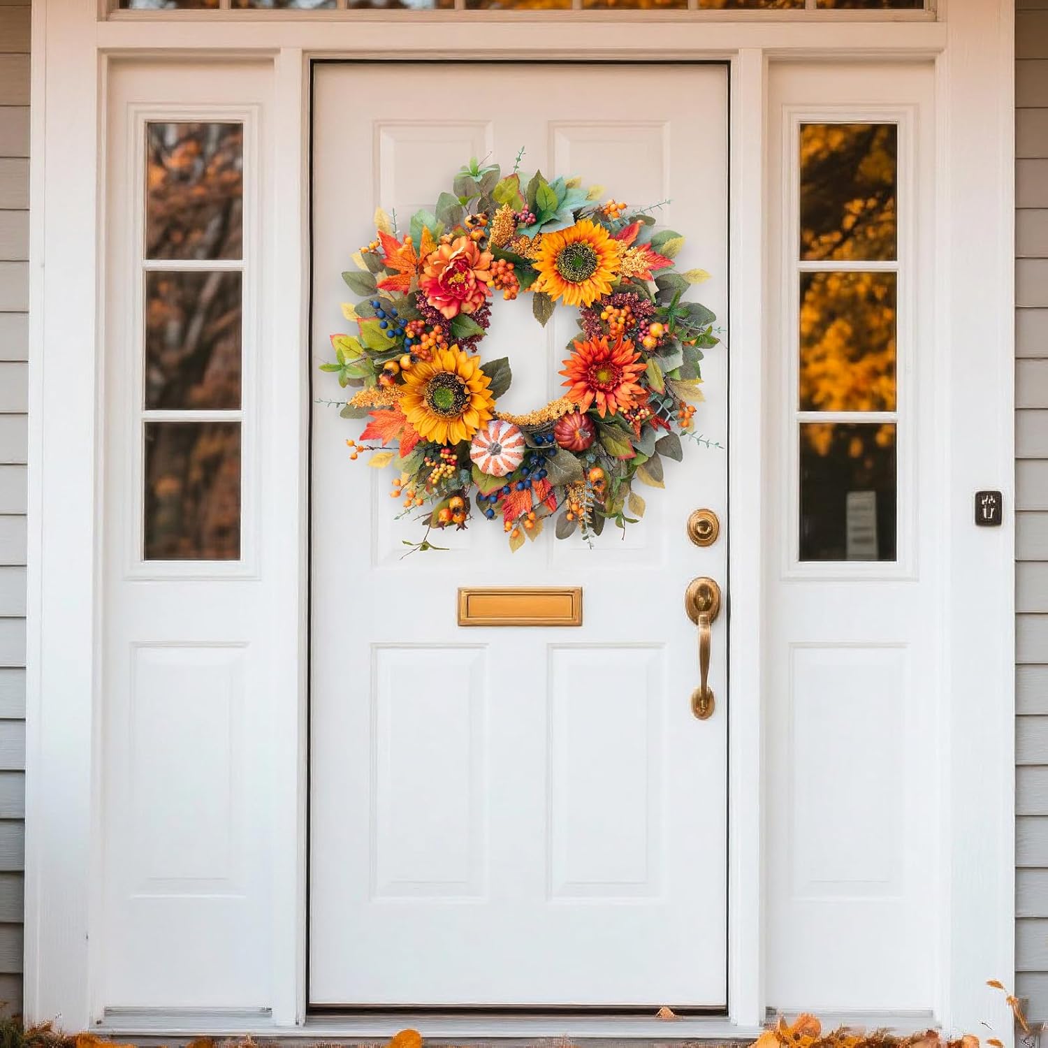 24 Inch Fall Wreath with Pumpkins and Maple Leaves