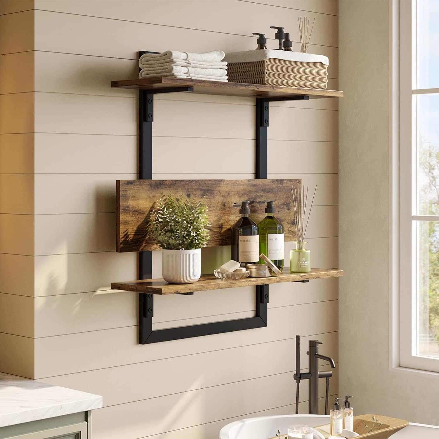 Bestier Floating Wall Shelves 3 Tier Foldable Industrial Brown