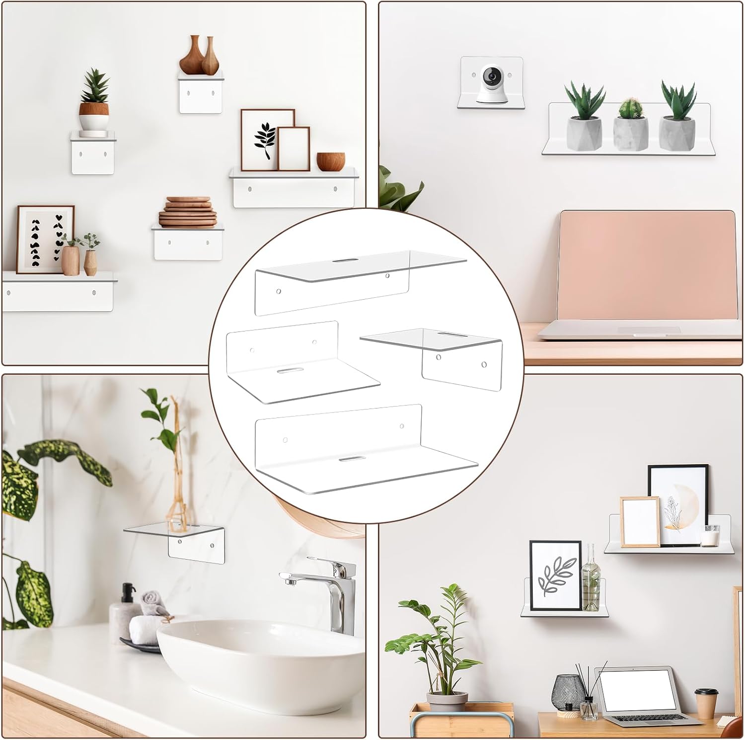 Pinkunn 6 Pack Clear Acrylic Floating Shelves for Wall