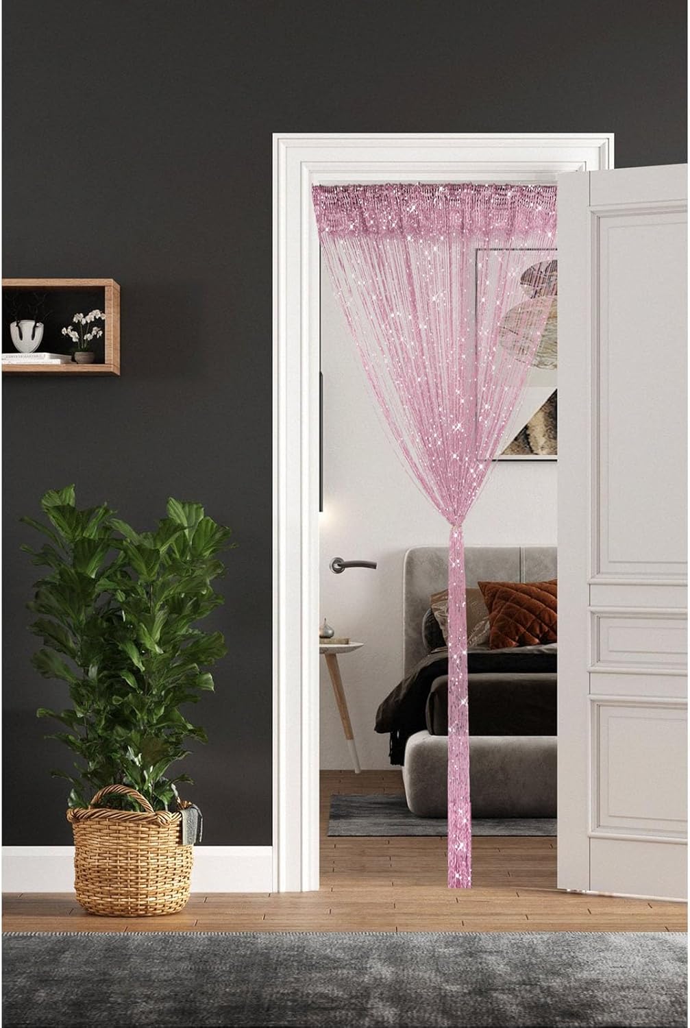 2 Pieces Pink Glitter String Curtains for Doorway and Room