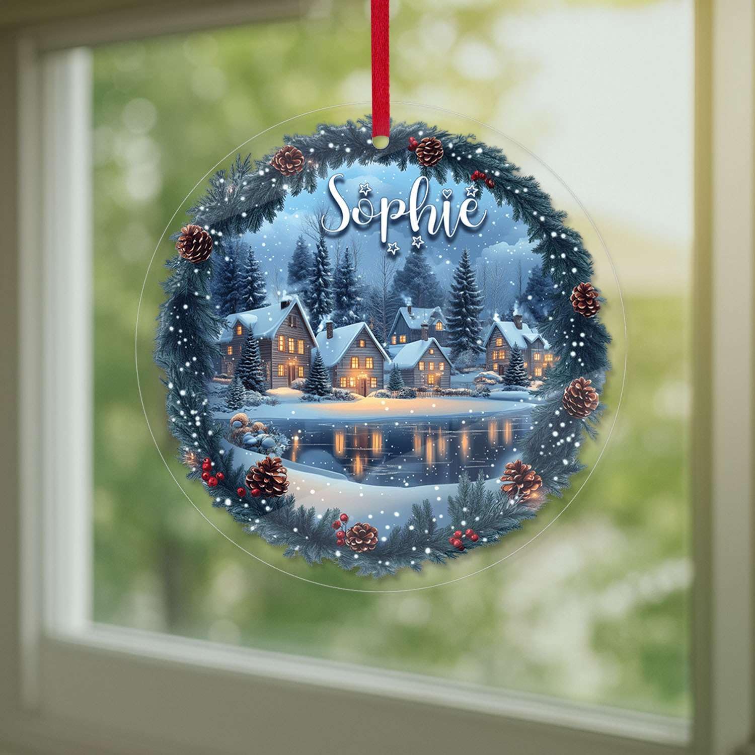 Custom Name Winter Village Scene Acrylic Ornament