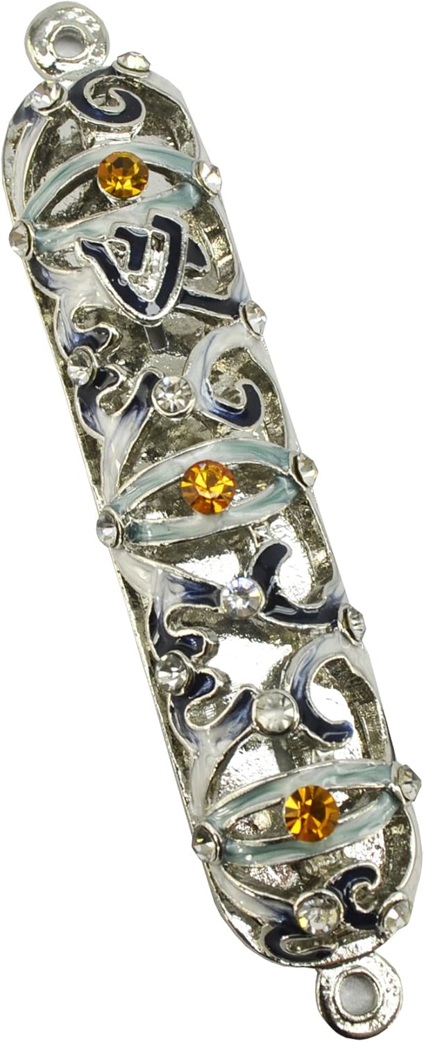 Handmade Metal Decorative Silver Mezuzah with Gemstones