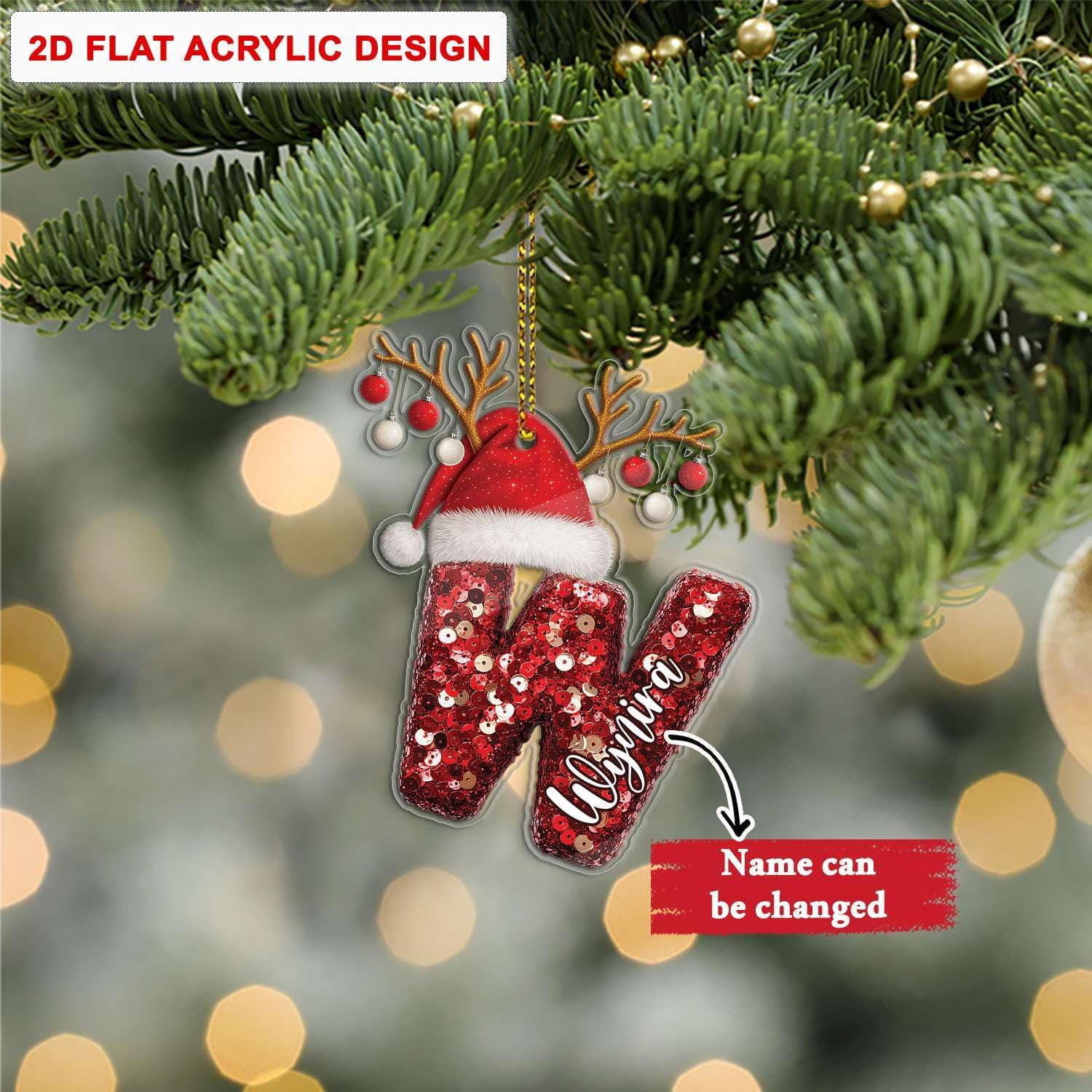 Personalized W Acrylic Ornament with Santa Hat Design